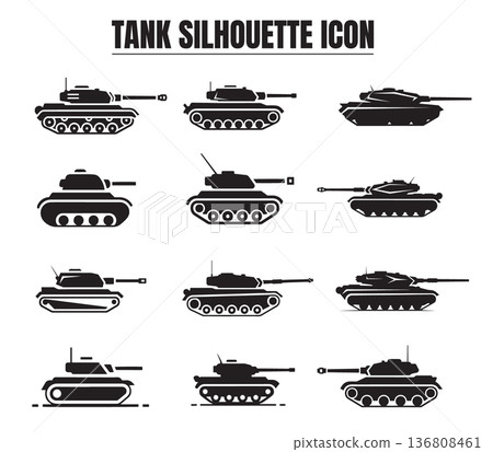 Military Tank Silhouette Icon Set Modern Army Vehicle Black Vector Collection Military Tank Silhouette Icon Set Modern Army Vehicle Black Vector Collection 136808461