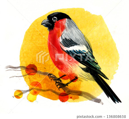 Hand-Drawn Songbird Illustration. Vintage Ink and Yellow Watercolor Nature Art 136808638