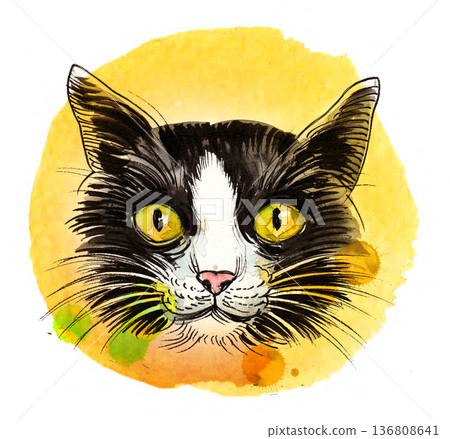 Hand-Drawn Cat Illustration. Vintage Ink and Yellow Watercolor Feline Art Hand-Drawn Cat Illustration. Vintage Ink and Yellow Watercolor Feline Art 136808641