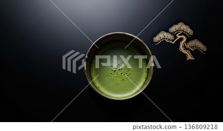 Beautiful still life image of premium Japanese matcha against a jet black lacquered maki-e background 136809218