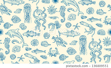 Underwater Marine Life Grunge Hand Drawn Seamless Pattern Doodle Mediterranean Background 136809551