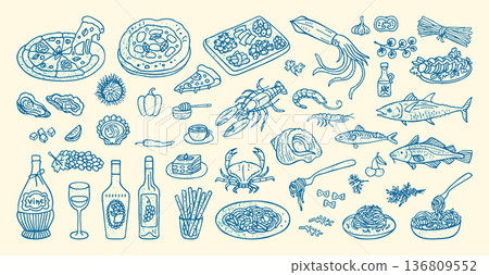 Hand Drawn Mediterranean Food Illustration Set Inspired By Italian And Spanish Cuisine Doodle Style 136809552