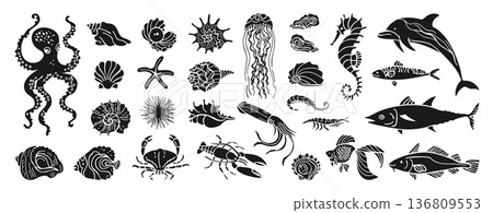 Underwater Marine Life Grunge Hand Drawn Stamp Nautical Illustration Set Seashells Ocean Retro Mood 136809553