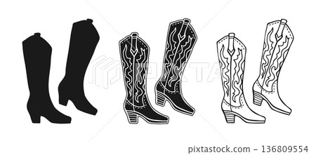 Cowgirl Boots Hand Drawn Sketch Doodle Linear Silhouette Engraving Set American Traditional Pair 136809554