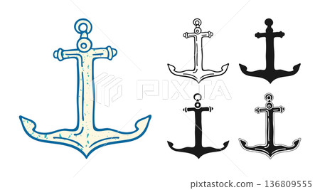 Anchor Illustration Hand Drawn Styles Vintage Engraving Grunge Ink Line Art Or Silhouette 136809555