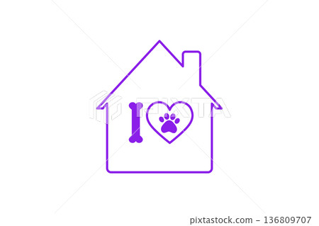 Purple Pet Love Home Icon With Paw Heart And Bone Symbol For Pet-Friendly Housing. 136809707