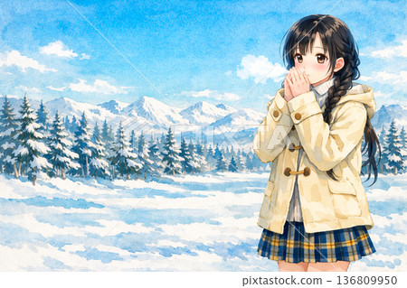A girl warming her fingers by blowing on them in the snow 136809950