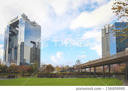 Nov 25 2025 Green Umekita Park Framed by Osaka Urban Skyline 136809980