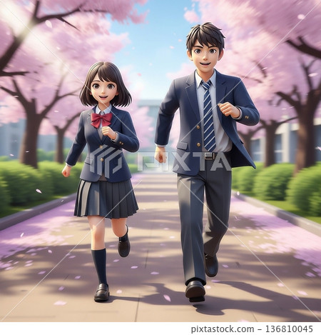 身穿校服的男女學生在戶外跑步 136810045