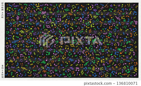 色彩鮮豔的日式紙質背景，設計有音符和五線譜。 136810071