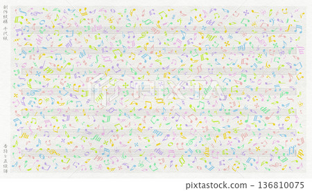 色彩鮮豔的日式紙質背景，設計有音符和五線譜。 136810075