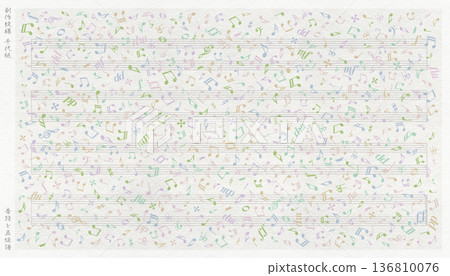 Colorful Japanese-style paper background designed with musical notes and staves Colorful Japanese-style paper background designed with musical notes and staves 136810076