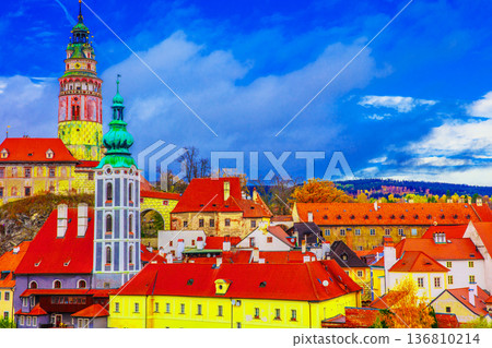 The town of Cesky Krumlov, St. Peter's Church with Cesky Krumlov in the background, Holy The town of Cesky Krumlov, St. Peter's Church with Cesky Krumlov in the background, Holy 136810214