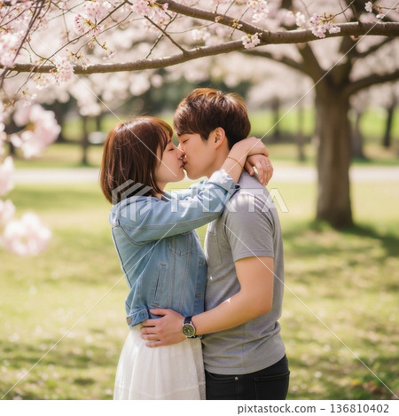 一對年輕的日本情侶在公園接吻 136810402