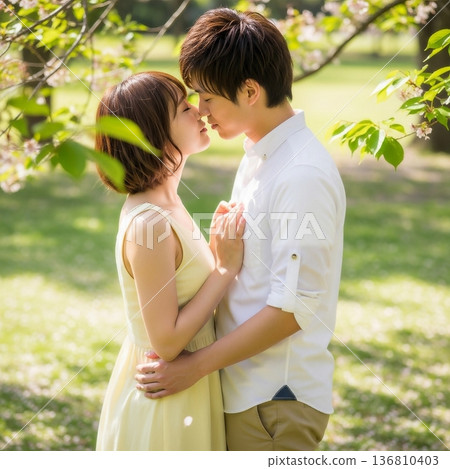 A young Japanese couple kissing in the park 136810403