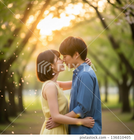 A young Japanese couple kissing in the park 136810405