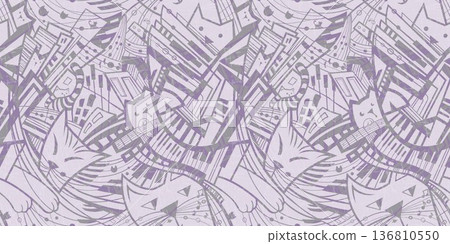 Print Seamless abstract pattern with a musical themed design of keys, strings, and cats for textiles and design Print Seamless abstract pattern with a musical themed design of keys, strings, and cats for textiles and design 136810550