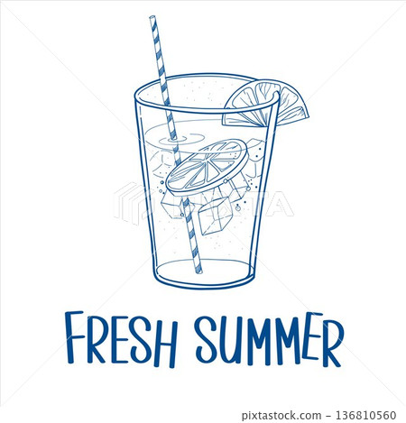 Print a glass graphic sketch of a drink with lemon and ice in vector isolated  136810560
