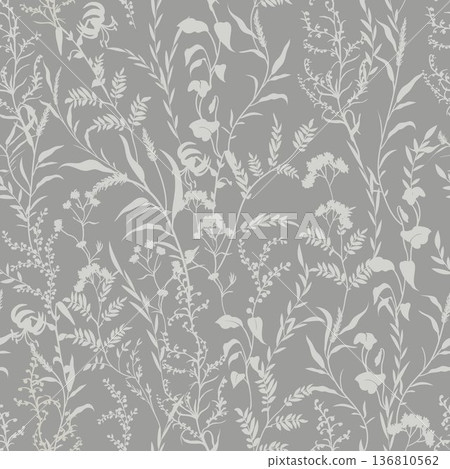 Seamless grey botanical pattern with silhouettes of herbs and flowers in vector 136810562