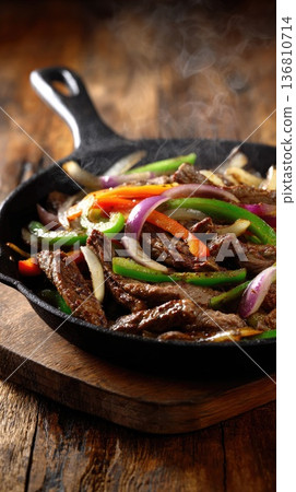 Delicious sizzling Mexican fajita beef with vibrant colorful bell peppers and red onions steaming hot in an authentic cast iron skillet on a dark rustic wooden table. 136810714