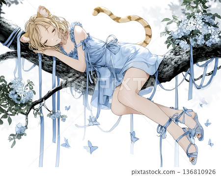 一幅寧靜夢幻的插畫，描繪了一隻貓仙子在森林的樹枝上休憩的場景。 136810926