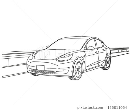 Line drawing vector illustration of a modern sedan car driving on the road 136811064