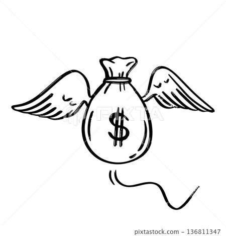 Flying Money Bag with Wings Sketch Illustration. 136811347