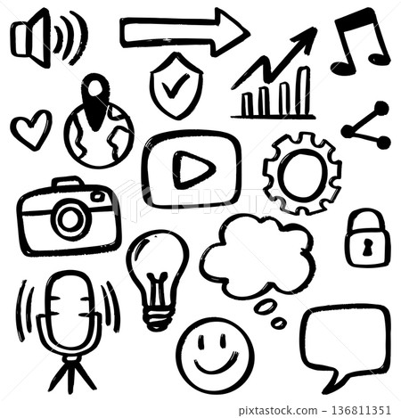 Hand Drawn Social Media and Digital Marketing Doodle Icon Set. 136811351