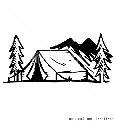 Hand drawn camping tent in the mountains illustration sketch vector. Hand drawn camping tent in the mountains illustration sketch vector. 136811352
