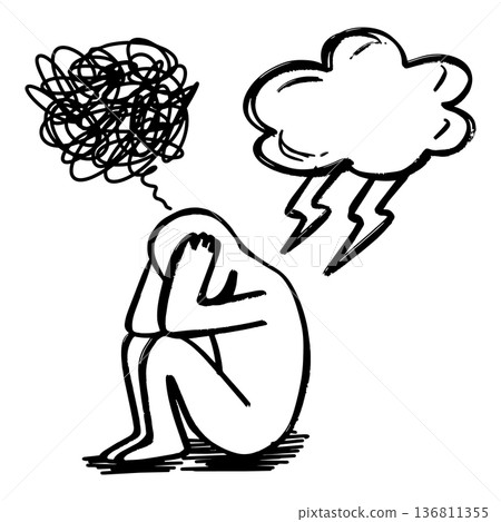 Person sitting in despair with tangled thoughts and storm cloud concept illustration Person sitting in despair with tangled thoughts and storm cloud concept illustration 136811355