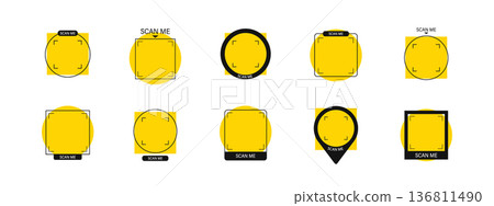 Scan me Frame. Mobile payment and shop identification icon with barcode. Scan blank sticker or click button. Retail app template now. Flat Vector illustration Scan me Frame. Mobile payment and shop identification icon with barcode. Scan blank sticker or click button. Retail app template now. Flat Vector illustration 136811490