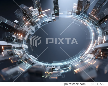 未來CG背景素材，描繪的是從魚眼視角看到的圓形線框城市穹頂。 136811530