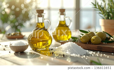 一幅健康餐飲的畫面，配上優質橄欖油、粗鹽和迷迭香。 136811651