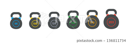 Heavy kettlebell icons set with lbs numbers. Solid glyph vector collection for gym, workout, strength training, isolated on white background Heavy kettlebell icons set with lbs numbers. Solid glyph vector collection for gym, workout, strength training, isolated on white background 136811734