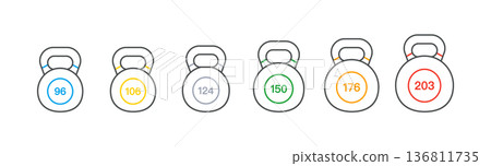 Heavy Kettlebell Icons Set with Lbs Numbers. Outline Linear Vector, Isolated on White Background Heavy Kettlebell Icons Set with Lbs Numbers. Outline Linear Vector, Isolated on White Background 136811735
