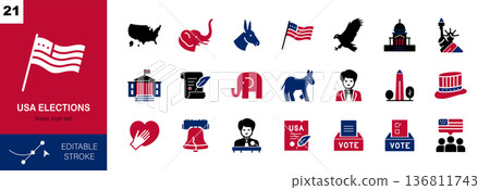 USA Elections Solid Glyph Icons Set. US Elections Isolated Vectors with Voting Ballot Box, Republican and Democratic Symbols, American Flag, Capitol, White House, Liberty Sign, Vote and Election Icons 136811743