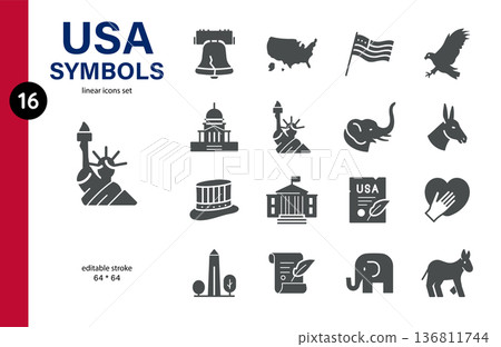 USA Symbols Solid Glyph Icons Set with American Flag, Statue of Liberty, Bald Eagle, Liberty Bell, Washington Monument, Capitol, White House, Uncle Sam Hat USA Symbols Solid Glyph Icons Set with American Flag, Statue of Liberty, Bald Eagle, Liberty Bell, Washington Monument, Capitol, White House, Uncle Sam Hat 136811744