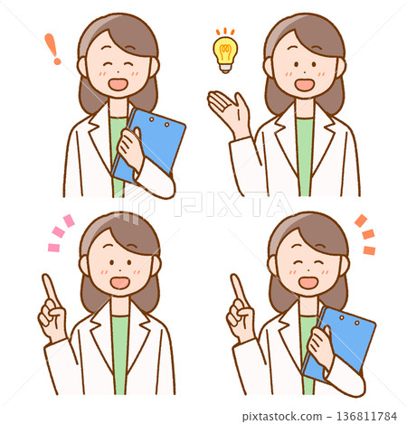 Illustration set of a woman in a white coat holding a medical record | Health teacher / medical Illustration set of a woman in a white coat holding a medical record | Health teacher / medical 136811784