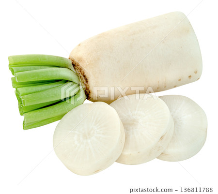 Fresh whole white daikon radish with green stems and three round slices isolated. High quality studio shot for food, nutrition, culinary and healthy lifestyle projects. Fresh whole white daikon radish with green stems and three round slices isolated. High quality studio shot for food, nutrition, culinary and healthy lifestyle projects. 136811788