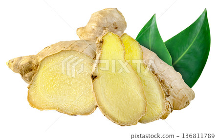 Fresh ginger root with cut slices and green leaves isolated. Aromatic spice used for cooking, herbal tea, and medicine. Healthy organic food ingredient for culinary use. 136811789