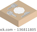 Isometric blocky illustration of a plate with a spoon, fork and knife 136811805