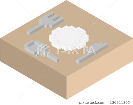 Isometric blocky illustration of a plate with a spoon, fork and knife 136811805