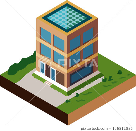 帶有天窗的建築物的等距插圖 136811885