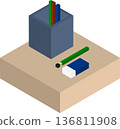 Isometric block-style pen holder with pencil and eraser illustration 136811908