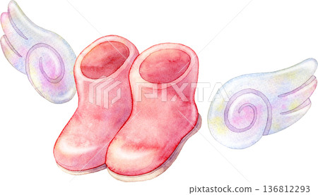 Watercolor illustration of red boots with wings 136812293