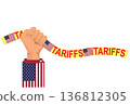 Raised hand holding American Tariffs barrier tape. 136812305