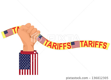 Raised hand holding American Tariffs barrier tape. Raised hand holding American Tariffs barrier tape. 136812305