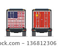 Rear view of a delivery truck featuring the national flags of the United States and China. 136812306