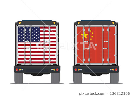Rear view of a delivery truck featuring the national flags of the United States and China. Rear view of a delivery truck featuring the national flags of the United States and China. 136812306