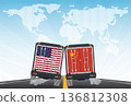 Vector illustration of delivery trucks rear view with United States and China flags 136812308